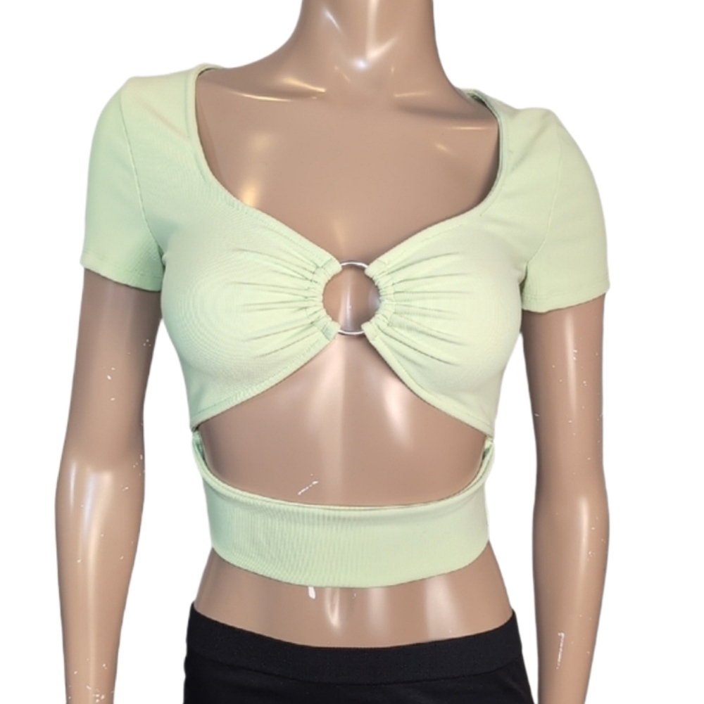 Twik Ribbed O-Ring Crop Top Womens Small Short Sleeve Green Cut Out Festival